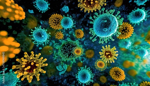 Pathogens and Viruses in Various Shapes and Colors, Microscopic View 
