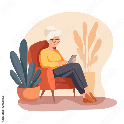 Vector illustration of a grandmother sitting in a chair with a phone in warm colors. Communication with the older generation via the Internet.