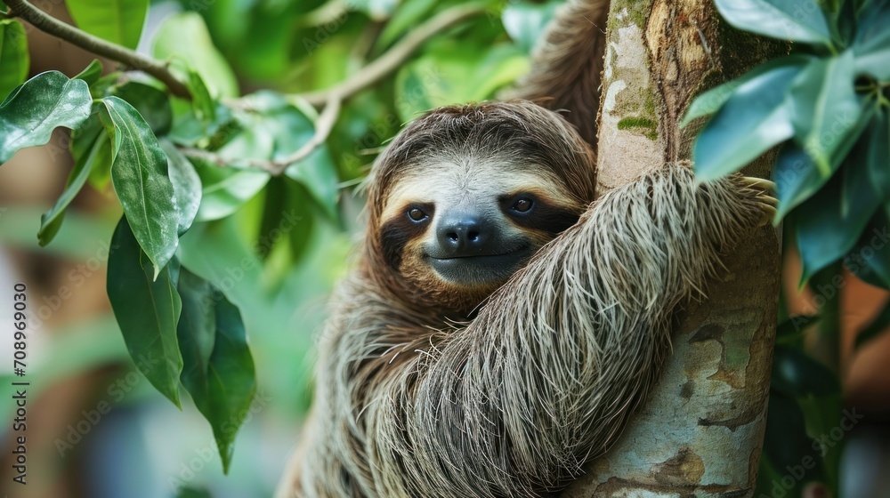 Fototapeta premium a three - toed sloth hangs from a tree branch in a tropical forest, with its front paws on a tree branch, with green leaves and a blurry background.