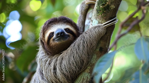  a three - toed sloth hanging from a tree branch in a tree, with its front paws on the branch of a tree, in the foreground, a blurry background of leaves,. © Olga