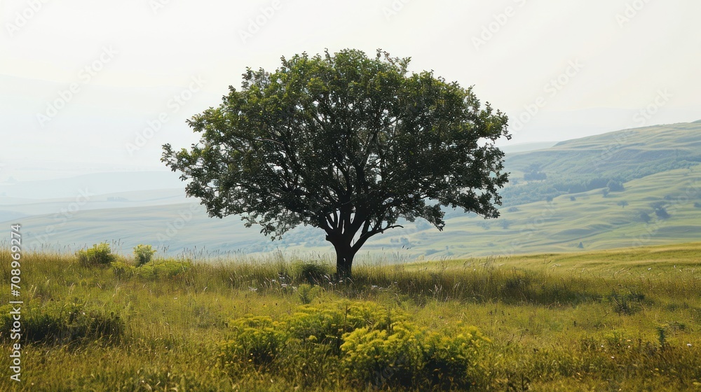 a lone tree stands in the middle of a grassy field with rolling hills in the distance in the distance, in the foreground is a grassy area with yellow flowers in the foreground. a lone tree stands in the middle of a grassy field with rolling hills in the distance in the distance, in the foreground is a grassy area with yellow flowers in the foreground.