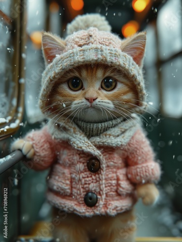 Tiny kitten wearing knitted hat with pompon and sweater.