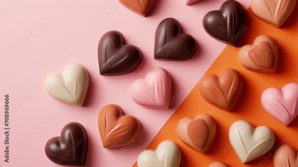 a group of heart shaped chocolates sitting on top of a pink and orange table next to a piece of orange paper on a pink and orange surface with a pink background. a group of heart shaped chocolates sitting on top of a pink and orange table next to a piece of orange paper on a pink and orange surface with a pink background.