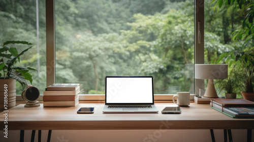 Laptop, and Scenic Forest View, Harmony of Technology and Nature: Tranquil Office Desk with Computer, - Banner of Creative Work Environment © BrightSpace