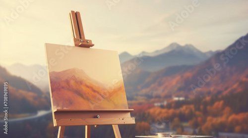 An artist's easel stands outdoors, displaying a painting that captures the stunning autumnal colors of the mountain landscape. photo