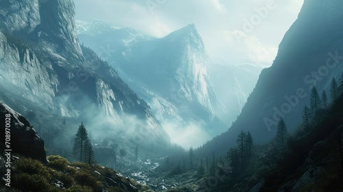  a painting of a mountain scene with fog in the air and trees in the foreground, and a river in the middle of the foreground, with mountains in the background. photo