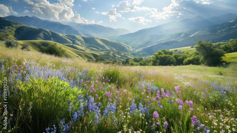 Obraz premium a field of wildflowers and other flowers in the foreground with a mountain range in the background in the foreground, with the sun shining through the clouds.