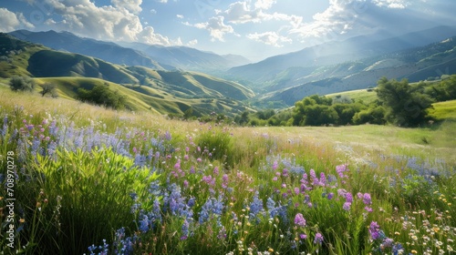  a field of wildflowers and other flowers in the foreground with a mountain range in the background in the foreground, with the sun shining through the clouds.