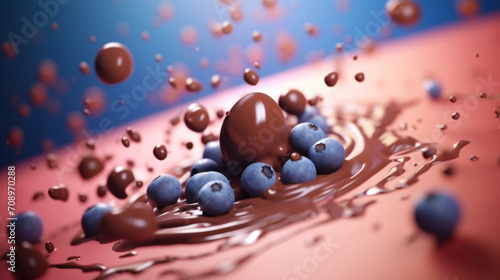 Dynamic splash of chocolate with fresh blueberries flying, set against a vivid blue and pink gradient background.