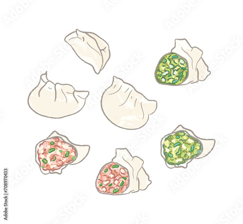 Whole and half dumplings with meat and vegetables ingredients
