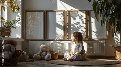  a little girl sitting on the floor in front of a window with a teddy bear in front of her and a potted plant in the corner of the room.