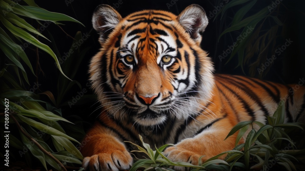 Fototapeta premium a close up of a tiger laying down in a field of grass with leaves on it's sides and a black background behind the tiger is looking at the camera.