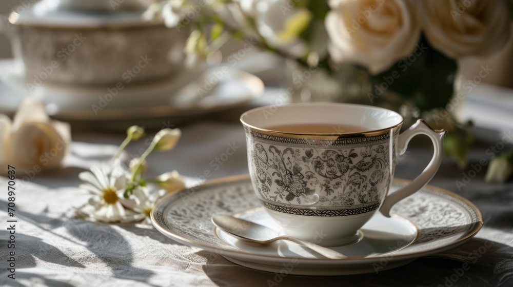 a cup and saucer sitting on a table with a vase of flowers in the background and a teacup with a saucer in the middle of the photo. a cup and saucer sitting on a table with a vase of flowers in the background and a teacup with a saucer in the middle of the photo.