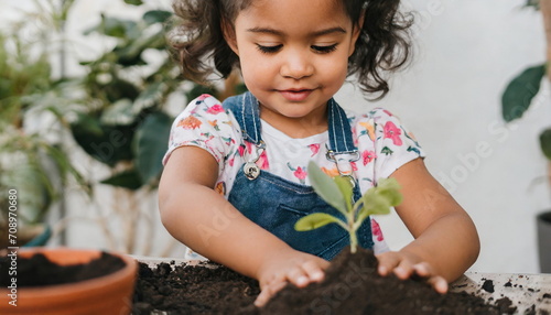 little kid plants a plant or tree seedling