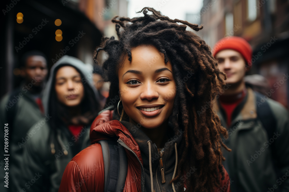 Zdjęcie grupy młodych ludzi na ulicy, gdzie centralnym punktem jest uśmiechnięta dziewczyna, oddająca atmosferę radości i przyjacielskiego spotkania. - obrazy, fototapety, plakaty 