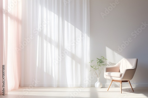 Modern minimal interior design with a focus on window light, curtains, and a windy chair can result in a serene and stylish setting in morning