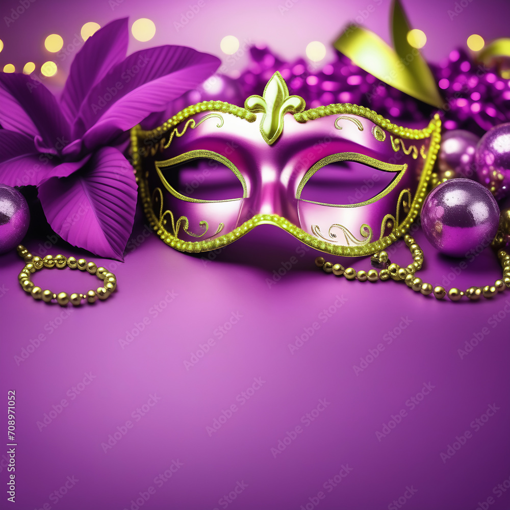 Close-up of the carnival mask and beads for the festive Mardi Gras masquerade on a purple background. A Fat Tuesday carnival with a traditional decor a place for text at the bottom