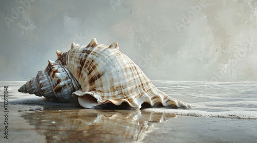  a close up of two seashells on a beach near a body of water with a foggy sky in the back ground and a mountain in the background.