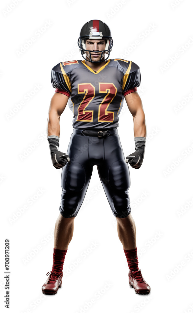 Caucasian American football player standing portrait, isolated background
