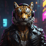 Cyberpunk Tiger in Leather and Headphones by Alex Petruk APe ai generated