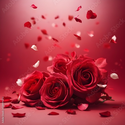 Valentine s Day Flying petals and red roses on a red background with copy space. Creative floral levitation in the air nature layout. Spring blossom concept for wedding  women  Mother  Valentine day
