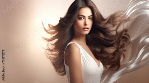 Glamorous brunette woman with long, flowing hair wearing a white dress on a soft beige background.