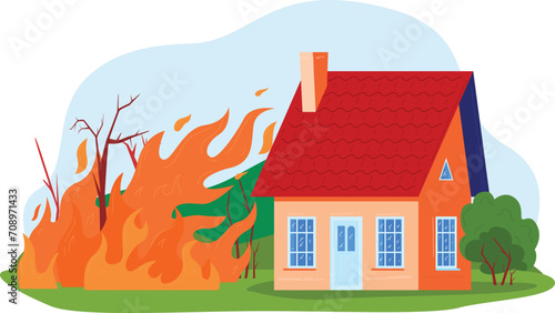 House on fire surrounded by flames with trees and blue sky. Wildfire near residential building vector illustration. Home safety, emergency and natural disaster concept.