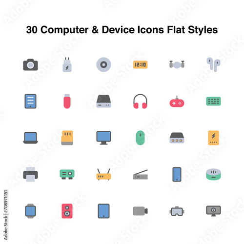 Illustration vector graphic icon of 30 Computer And Device Icons Set. Flat Style Icon. Vector illustration isolated on white background. Perfect for website or application design.