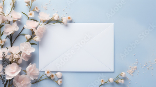 A white envelope surrounded by soft pink flowers on a pastel blue background  elegant correspondence concept.