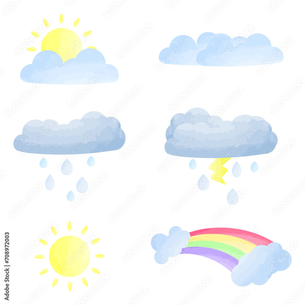 Vector illustration of weather or climate icon elements with watercolor technique. Perfect use for kids' book illustration