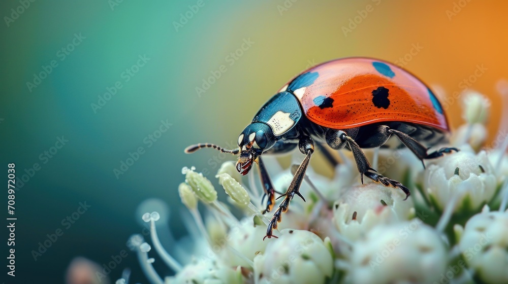 Fototapeta premium a close up of a red and blue beetle on a plant with white flowers in the foreground and a blurry background in the background of the foreground.