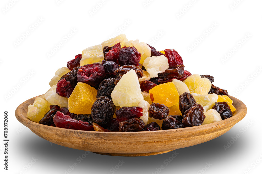 View of delicious sweet dried tropical fruit in wooden plate isolated on white background with clipping path. View of delicious sweet dried tropical fruit in wooden plate isolated on white background with clipping path.
