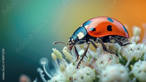  a close up of a red and blue beetle on a plant with white flowers in the foreground and a blurry background in the background of the foreground.