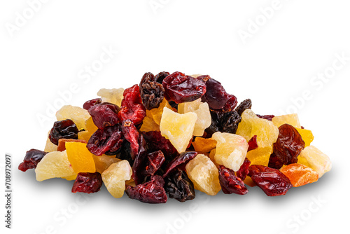 Pile of various dried tropical fruit isolated on white background with clipping path.