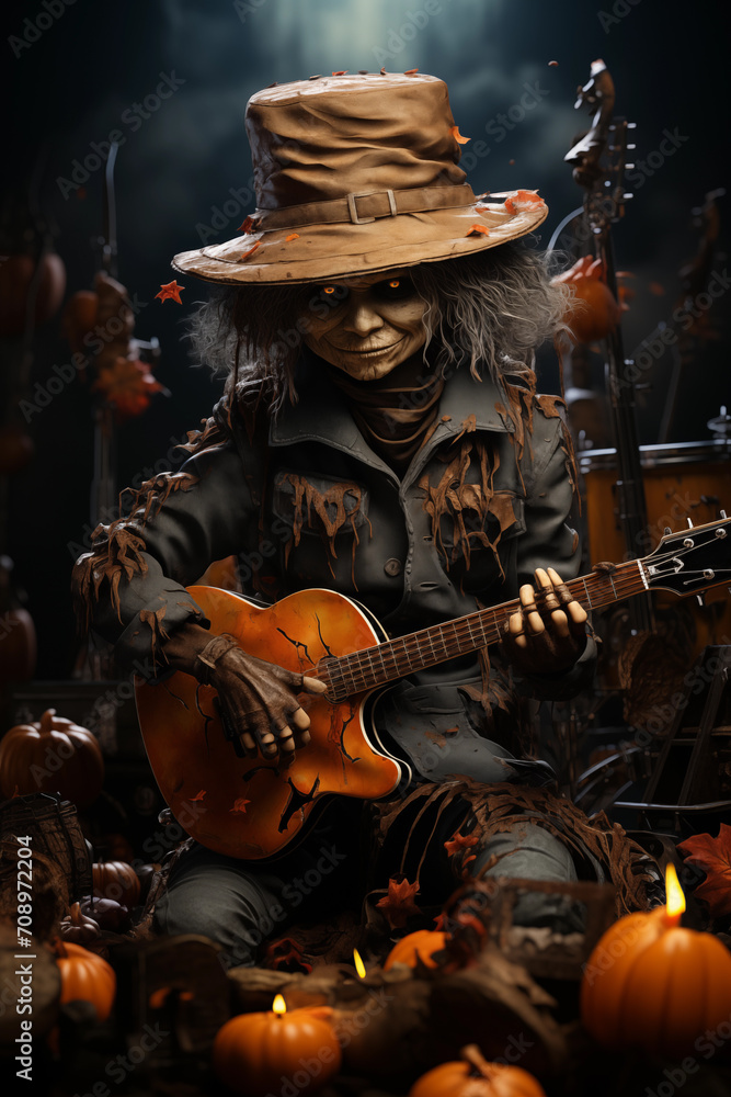 Quirky Strings Ugly Scarecrow Strumming a Guitar, a Melody of Odd Charm