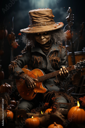 Quirky Strings Ugly Scarecrow Strumming a Guitar, a Melody of Odd Charm