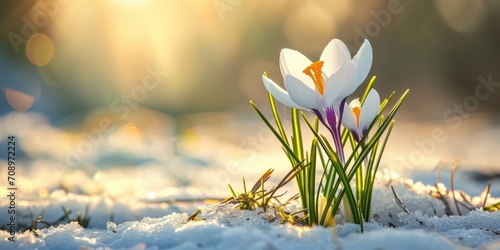 crocus spring flower in snow with morning sunlight #708972224