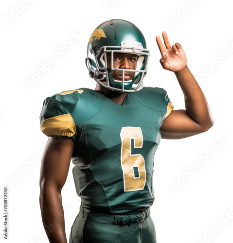 American football player with peace hand gesture