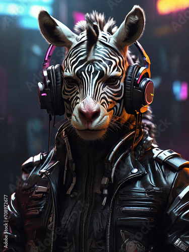 Cyberpunk Zebra in Leather and Headphones by Alex Petruk APe ai generated