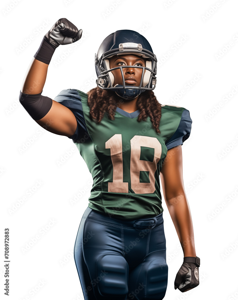 Proud black American football player holding his fist high in the air