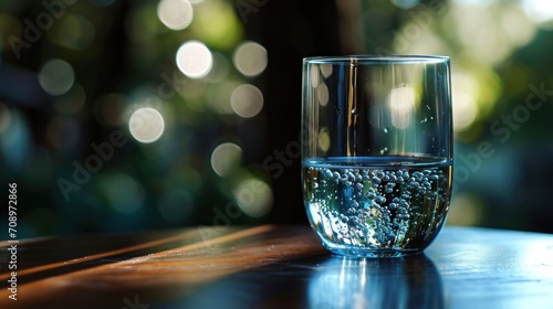  a close up of a glass of water on a table with a blurry background of trees and a boke of lights in the back droplet of the glass. © Olga