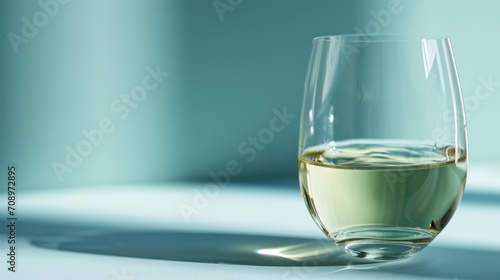  a close up of a wine glass on a table with a light reflecting on the glass and a shadow of the wine glass on the table top of the glass.