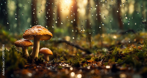 Pilze im Regen voller Tau und Tropfen im Wald, Nahaufnahme der frischen üppigen Natur im Sommer und Herbst, Pflanzen wild wachsend zum sammeln, Nahrung für Tiere Vorlage Hintergründe Umwelt nachhaltig