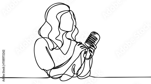 Woman sing a song continuous one line drawing of singer music person. Singer in continuous line art drawing style.