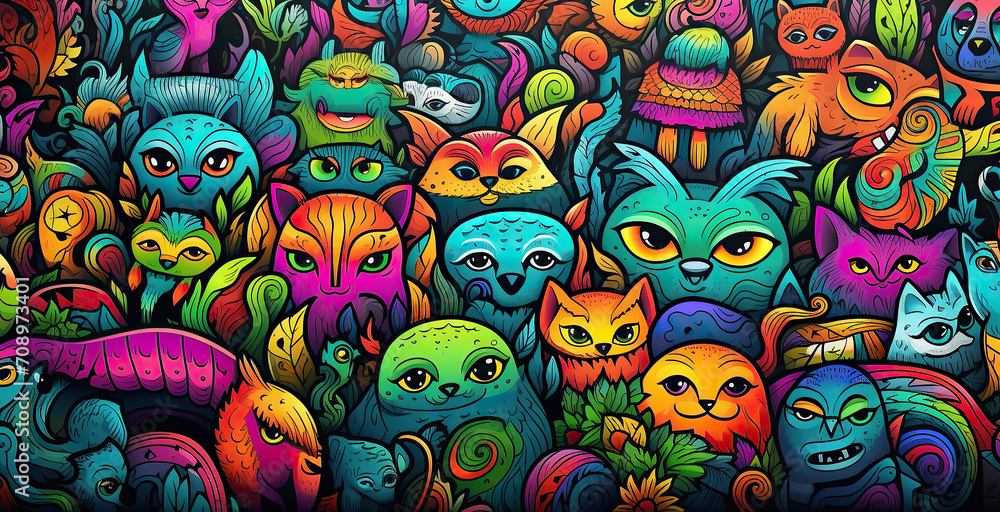 colorful Hand Drawn cute animals Doodles Background, Generative AI