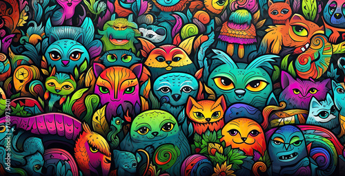 colorful Hand Drawn cute animals Doodles Background, Generative AI © Onchira