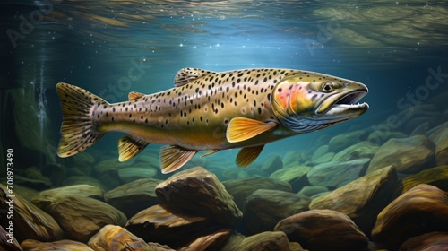  a painting of a large brown fish swimming in a pond of water with rocks and algae on the bottom of the water and a light shining on the bottom of the water.