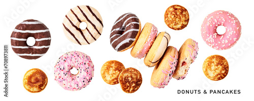 Different donuts and pancakes collection isolated. PNG with transparent background. Flat lay. Design element. Without shadow.
