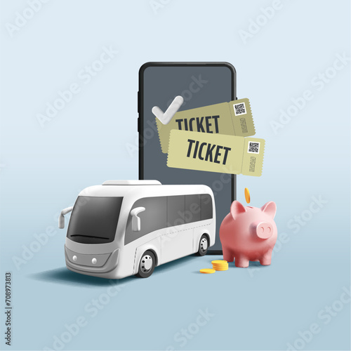 Online public transport tickets composition with 3d smartphone with shuttle bus and piggy safe illustration, digital application