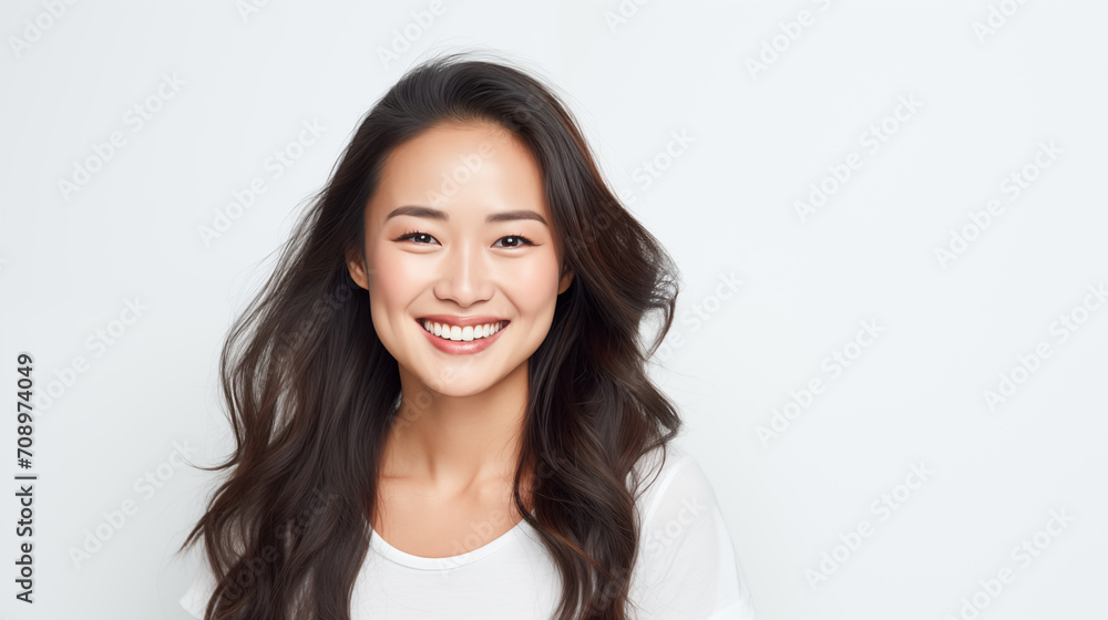 Exuberant Asian woman with a beaming smile and flowing hair, wearing a white tee against a white background Exuberant Asian woman with a beaming smile and flowing hair, wearing a white tee against a white background